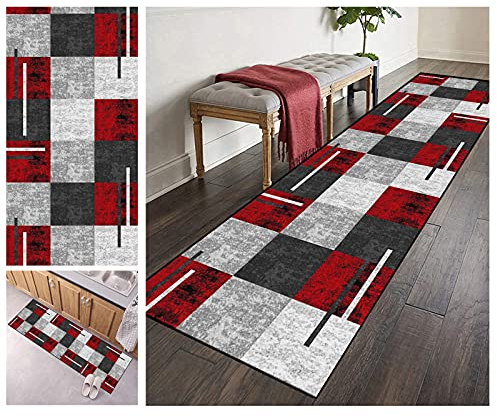 ZVEZVI Teppich Läufer Flur Küche rutschfest Waschbar Grau und Rot 60X100CM Vintage Meterware, Teppichläufer Kücheläufer Polyester Anpassbar