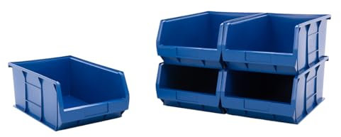 BiGDUG Plastic Parts Bins - Stackable or Wall Mounted Storage Boxes Garage Organiser - Pack of 5 - 200H x 310W x 520D mm - Blue