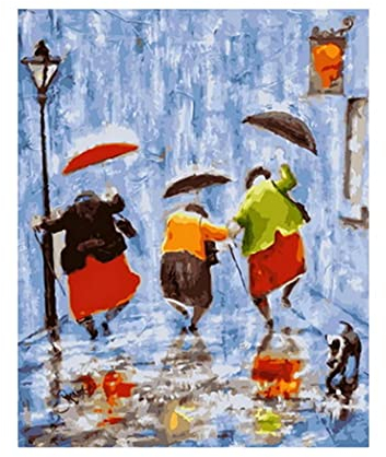 Wohnzimmerdekoration Leinwand Wandkunst Drei schöne alte Damen halten Regenschirme und Hunde tanzen im Regen-40x50cm rahmenlos