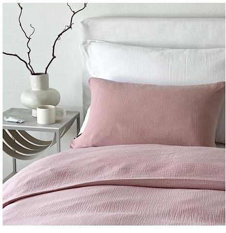 von Herzen Musselin Bettwäsche I weiche Bettwäsche I 100% Baumwolle I Bezug für Bettdecke + Kissen I Bettwäscheset mit Reißverschluss für Erwachsene I handgenäht I Hellrosa 135x200 & 80x80