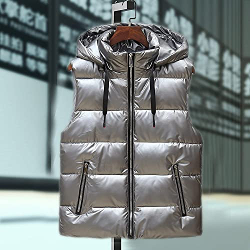 &ET Westen Damen,Damen Weste Glossy Loose Silbergrau Abnehmbare Kapuzen Warme Ärmellose Jacke Mit Reißverschluss Gepolsterte Taschen Herbst Winter Baumwolle Weste Für Männer Und Frauen,XL