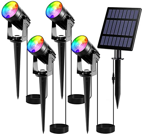 T-SUNUS Gartenstrahler Solar RGB, Solar Gartenleuchte Gartenlampe Solar für außen mehrfarbig mit 6 RGB Farbwechsel IP65 wasserdicht 4 Stück