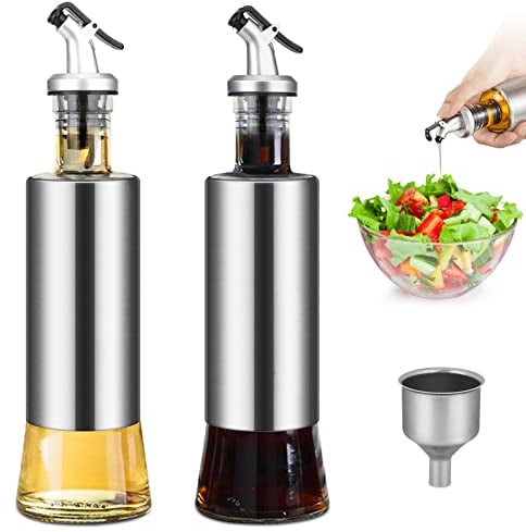 Bouteille Huile Olive Bouteille Huile et Vinaigre Distributeur Huile Doseur Huile Acier Inoxydable, Avec Bec Verseur et Entonnoir, Utilisé Pour Les Grillades, 300 Ml * 2, Mots non imprimés