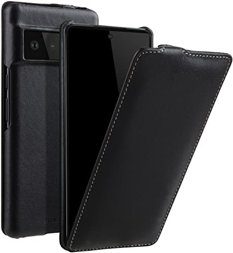 STILGUT UltraSlim kompatibel mit Google Pixel 6 Pro Hülle - Pixel 6 Pro Flip Case aus Leder, Klapphülle, Handyhülle, Lederhülle - Schwarz Nappa