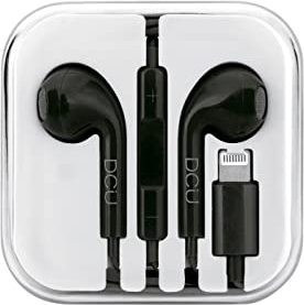 DCU TECNOLOGIC, Auriculares para iPhone/iPad, con Micrófono y Control de Volumen, Sónido Estéreo, Negro