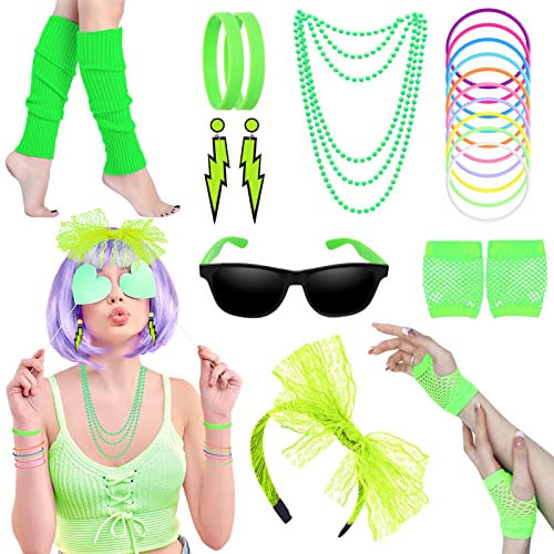 80s Fancy Dress Costumes Accessories, 1980s Fancy Style Dresses Party Sets & Kits for Women, Neon Leg Warmers Necklaces Bracelet Fishnet Gloves Lace Bow Headband Earrings Sunglasses-Green