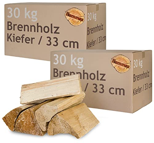 Madera de Pino Leña Madera 5-500 kg para Estufa y Chimenea Brasero Parrilla Cesta de Fuego Troncos de 33 cm Flameup, Cantidad:60 kg