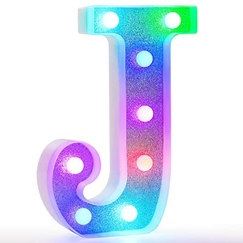Colorful Light Up Letters, Glitter LED Letter Lights 18 Color Changing Shiny Alphabet Sign Gifts for Girls Women Party Birthday Decorations Remote Night Light Christmas Valentine Wall Table Decor - J