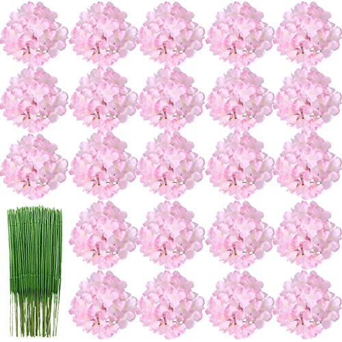 HinyoCo 28 Stück Seide Hortensie Blumen,18 cm Künstliche Blumen Köpfe mit Stielen für uhause Hochzeits Dekoration (Hell Rosa)