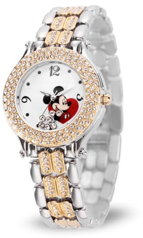 Disney Armbanduhr für Erwachsene, rund, Zirkonia, analog, Quarz, schwimmende Steine, Silber und Gold, Japanisch