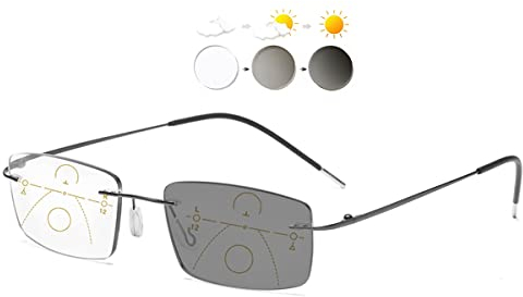 KOOSUFA Randlose Selbsttönende Gleitsicht Lesebrille Gleitsichtbrille Progressive Multifokus Anti-Blaulicht Photochrome Herren Damen Titan Rahmenlose mit UV-Schutz Sonnenlesebrille 1x Grau, 1.5