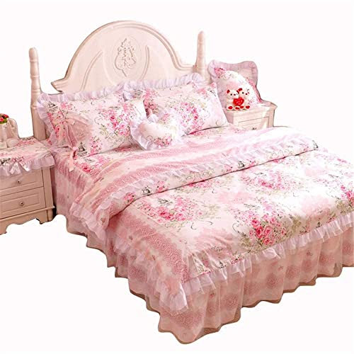 VIROYA Romantique Rose Fleur Imprimer Literie pour Filles Housse de Couette Ensemble avec Jupe de Lit Rose Dentelle À Volants Floral Shabby Ensembles de Literie Pièce Complète Good