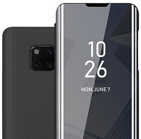 Cadorabo Hülle kompatibel mit Huawei Mate 20 PRO in TURMALIN SCHWARZ - Clear View Spiegel Schutzhülle mit Standfunktion 360 Grad Schutz