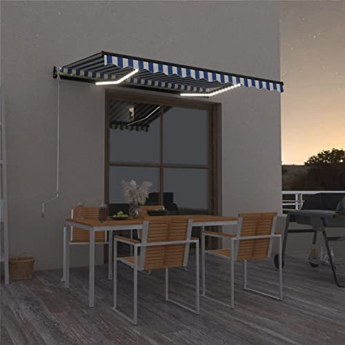 Homgoday Retractable Manual Awning Sun Shade for Balconies Awning with Extendable Arms Outdoor Sun Shade for Outdoor Fall with LED 400 x 300 cm Blue and White