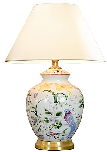 FAZRPIP Handbemalte Keramik-Tischlampen mit Blumen und Vögeln, traditionelle Nachttisch-Nachttischlampe mit Lampenschirm aus Stoff, große Keramik-Tischlampe für Schlafzimmer und Wohnzimmer