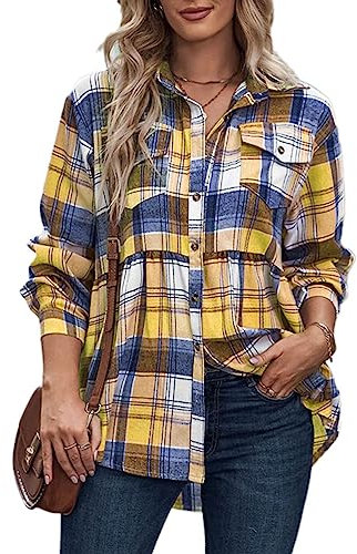 Onsoyours Femmes Chemisier Rayures Carreaux Surchemise en Laine Chemisier Carreaux Femme Chemise Bucheron Ecossaise Blouse Gilet T Shirt Casual Vintage B Jaune XXL