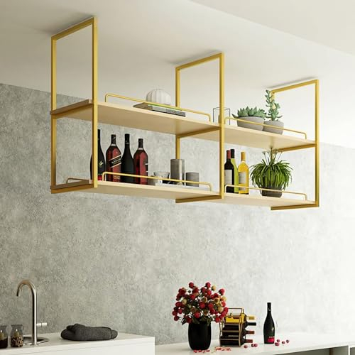PAUANI Ceiling Wine Rack, 120*30*80cm, Iron, European Retro, Gold, Hanging Plant Stand Indoor, Floating Shelves, Bar Wine Glass Rack