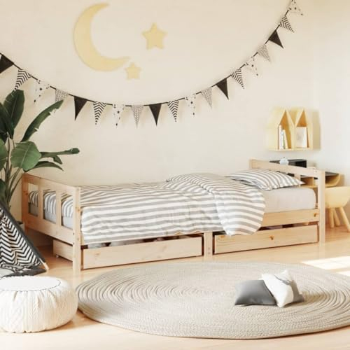 Gecheer Kinderbett mit Schubladen Hausbett Spielbett Kinder Bett Holzbett Bettgestell 90x200 cm Massivholz Kiefer