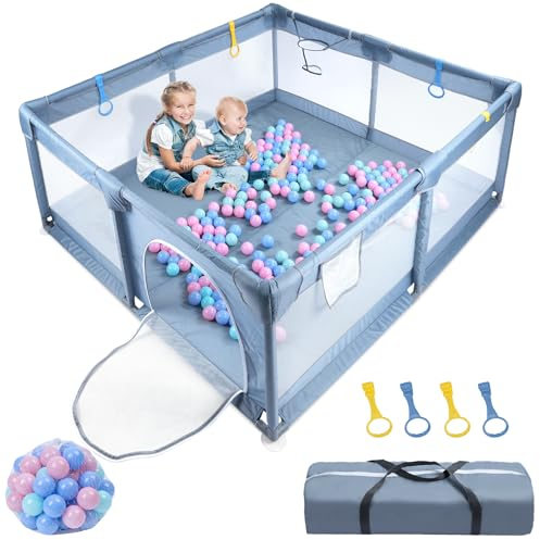 UISEBRT Laufstall Baby Laufgitter 150x180cm Absperrgitter mit Atmungsaktivem Netz, 50 Bällen, Mini-Körbchen, Sicherheitsspielplatz Krabbelgitter für Kinder, Grau