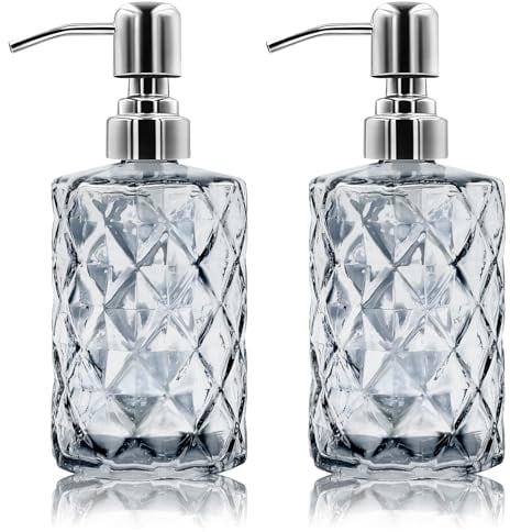 2 Pack 12 Oz Glass Soap Dispenser with Stainless Steel Pump, Refillable Liquid Hand Soap Dispenser for Bathroom, Vanity Countertop, Kitchen Sink, Laundry Room, Home Decor Accessories (Gray)