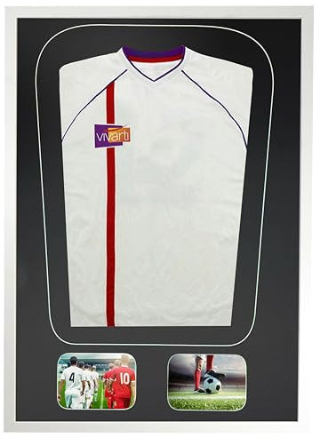 Vivarti DIY Tapered Junior 3D Mounted + Double Aperture Sports Shirt Display Frame for Football Shirt, Band T-Shirt Shadow Box – 59,4 x 84 cm – Glänzender weißer Rahmen, schwarzes Passepartout,