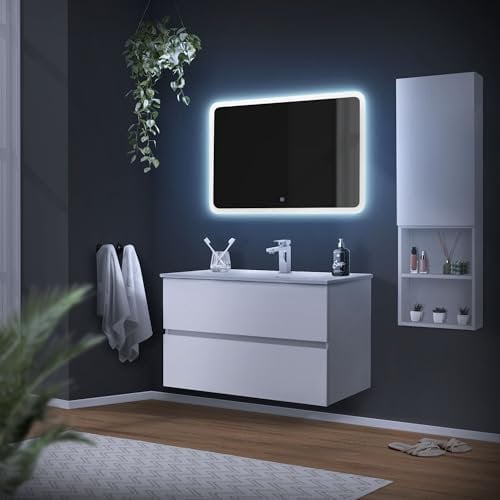ML-Design Badmöbel-Set 4-teilig, Weiß, LED-Spiegel mit Touchschalter 90x60 cm, Unterschrank 89x46,5x53,5 cm, Waschbecken Waschtisch 91 cm Keramik, Hochschrank 35x14,5x110 cm, Badezimmermöbel, Badset