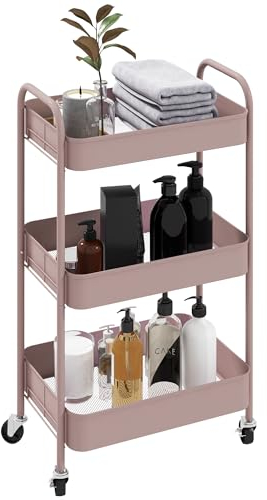 HOMCOM Carrito Auxiliar con Ruedas Carrito de Almacenamiento con 3 Cestas y Marco de Acero para Salón Dormitorio Oficina Cocina 45x30,6x79 cm Rosa