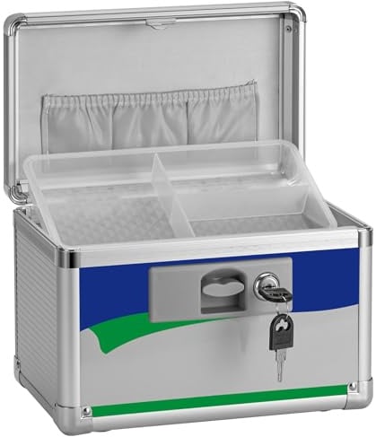 GODLONSEN Medikamenten Aufbewahrung, 25.4 x 15.2 x 17 cm Medikamentenbox mit Tragbarer Griff, Kindersichere Medikamentenbox mit Herausnehmbarem Fach, Abschließbare Box für Medikamente, Blau