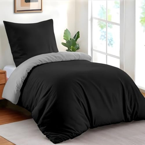 Dreamzie - Bettwäsche Set 135x200 cm mit 1 Kissenbezüg 80x80 cm Schwarz/Dunkelgrau - 1 Bettbezug 135x200 aus 100% Mikrofaser - Zertifiziert ohne Chemikalien (Oeko TEX)