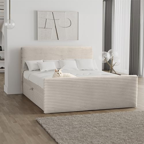 Kaiser Möbel - Bett 200x200 cm, Boxspringbett mit Bettkasten und Topper, Polsterbett für Schlafzimmer, Doppelbett mit Stauraum und Gepolstertes Kopfteil, Toppermatratze aus Viscoschaum - TRENTO - Ecru