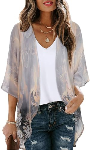 Kimono da donna con stampa floreale, maniche a sbuffo, cardigan ampio, camicetta casual, Grigio Oro Floreale, Small