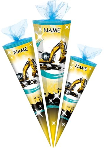 alles-meine.de GmbH Schultüte - Bagger & Baustelle - 50-85 cm - Größe wählbar - inkl. Name - Zuckertüte - Tüll Abschluß - eckig/rund - klein & groß - Geschenktüte - Schulanfa..