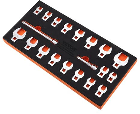 VEVOR Set chiavi a zampa di gallina, attacco 3/8, Set chiavi a zampa di gallina 20 pezzi 2 barre di prolunga e organizer per attrezzi in EVA, SAE 3/8-7/8 e metrico 10-22 mm, materiale 40CR
