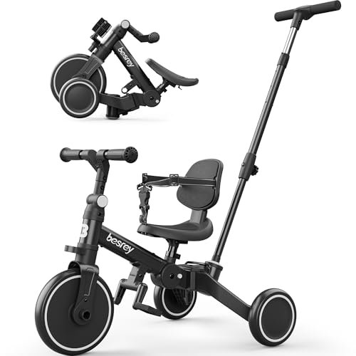 besrey Kleinkinderfahrrad mit elterngesteuertem Schiebegriff für 1-3 Jahre alte Mädchen und Jungen, faltbares Kinder-Schiebedreirad, Kleinkinderdreirad mit abnehmbaren Pedalen, höhenverstellbarer Sitz