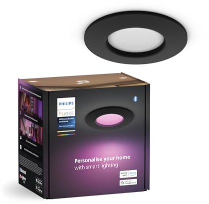 Philips Hue Smart Slim Einbauleuchte, 90mm, Weiß & Farbiges Licht, Bluetooth kompatibel, Sprachsteuerung mit Alexa, Apple Home & Google Assistant, schwarz, 1er Pack