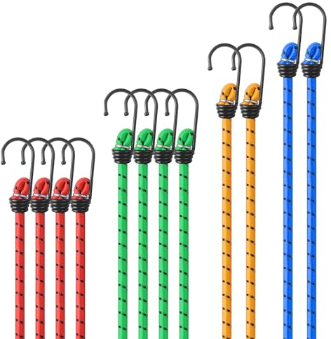 Wantli set di 12 Corde Elastiche con Gancio, Corda Elastice, 4 Lunghezze, Bande Elastiche,Fasce Elastiche, per Teloni, Portapacchi, Campeggio, Giardinaggio, Auto e Bici