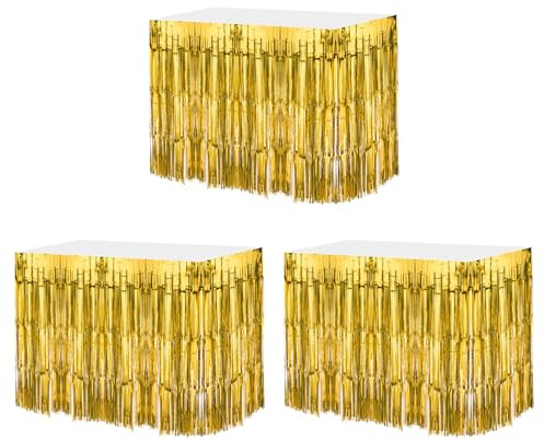 QUARKZMAN 3 Stück 29x108 Zoll Gold Metallische Lametta-Tischröcke für rechteckige Tische Lametta-Hintergrundvorhang für Hochzeits- und Geburtstagsfeierdekoration