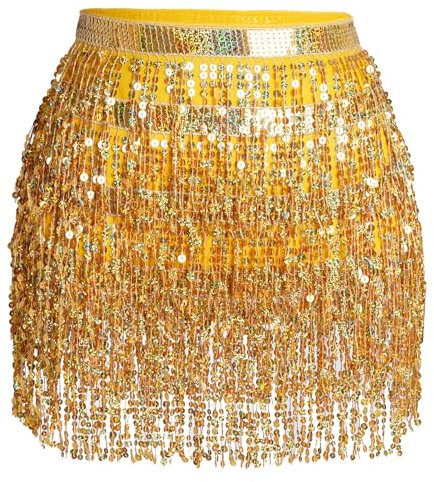 Glitzer Damen Rock Pailletten Rock Bauchtanz Kostüm Mini Rock Cowgirl Kostüm Tanzkleid Rave Outfit Hüfttuch Kostüm für Damen Mädchen (DE/NL/SE/PL, Alphanumerisch, M, Regular, Regular, Gold)