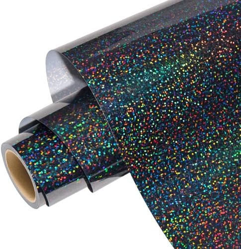 WRAPXPERT Holographic Black HTV Iron on Vinyl Shimmer Heat Transfer Vinyl for T-Shirts, 12''x5ft Holographic Glitter Vinyl Rolls for DIY Clothing Pattern,Stretchable & Washable
