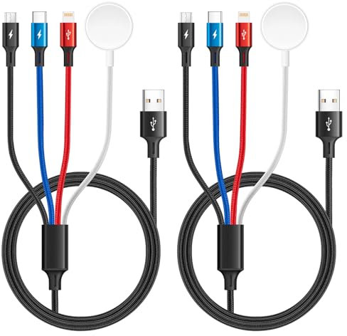 Paquete de 2 cables de carga múltiple de viaje para Apple Watch, 4 en 1 trenzado, multicargador, puerto USB C/Lightning/micro para iWatch Series Ultra/SE/10-1/iPhone 16 15 14/Galaxy, 4 pies