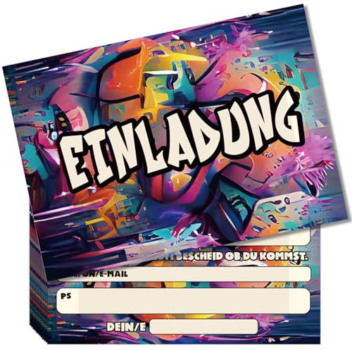 Hierein Bunte Graffiti Einladungskarten Geburtstag, 12x Stylishe Einladungskarten Kindergeburtstag Mädchen, Personalisierte Einladungskarten für Jungen Mädchen Kinder, Party Geburtstagseinladungen