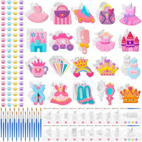 JellyArch 20 Set Princess DIY Painting Kit Ceramic to Paint Your Own Princess Rainbow Castle Statues Unpainted Plaster Figurines Brushes Acrylic Paints Bags Party Favor for Adults
