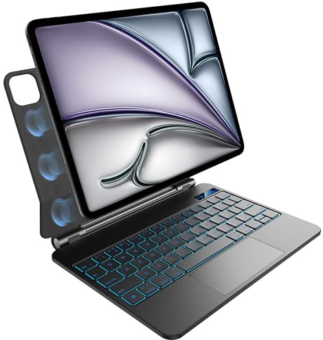 Étui avec clavier pour iPad Air 11 M2 2024, iPad Air 5e/4e génération et iPad Pro 11 4e/3e/2e/1ère génération, rétroéclairage 7 couleurs, pavé tactile multi-touch, design magnétique flottant
