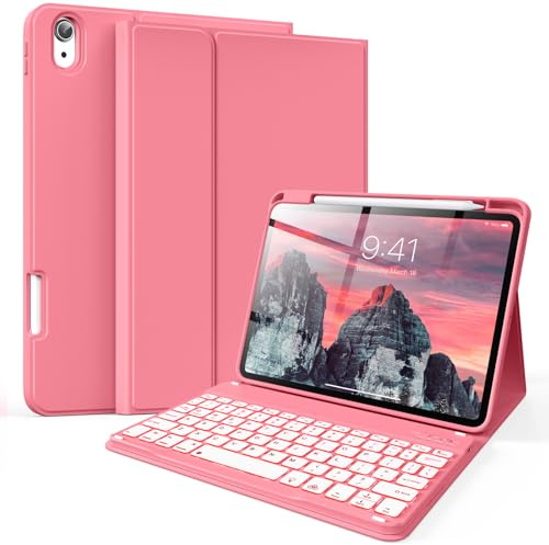 zoyu Keyboard Case for iPad (A16) 11 Inch 2025 / iPad 10th Generation 10.9 Inch 2022, 7 Color Backlit Wireless Detachable Keyboard, Stand Folio Cover with Pencil Holder, Pink