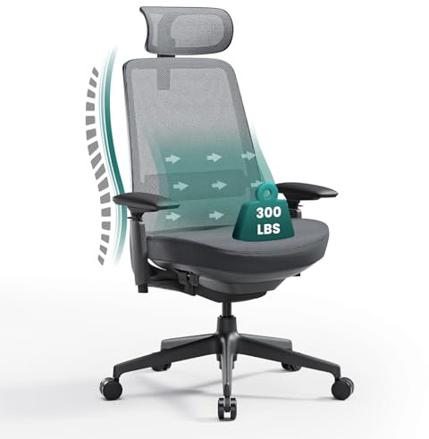 COLAMY Ergonomischer Bürostuhl, Mesh Computerstuhl mit hoher Rückenlehne, Office Chair mit Lendenwirbelstütze, verstellbare Kopfstütze und 4D Armlehnen, Schiebesitz, Schwarz & Grau
