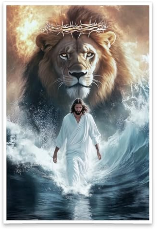 ZXHYWYM Bilder von Jesus Christus Gott Wanddekoration Löwe von Juda Poster König der Löwen der auf dem Wasser geht Drucke christliches spirituelles Gemälde ungerahmt ((60L x 90B cm))