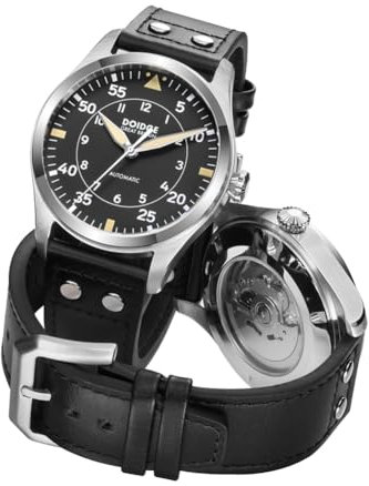 Boyarca Big Pilot Watch Japan NH35 Automatikwerk Flieger Mechanische Herren Armbanduhr Saphirglas Edelstahlgehäuse Echtes Lederband Leuchtend Wasserdicht Uhren, Schwarz (B)