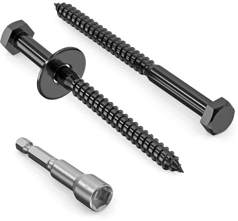 Zuyya 20 Stück Holzschrauben Sechskant M6 x 75 mm, Sechskantschrauben Schwarz Schlüsselschrauben Edelstahl A2 V2A mit Unterlegscheiben und Steckschlüssel