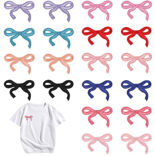 20 Pcs Bow Patches, Cute Iron on Bow Patches for Girls, 10 Colors Embroidered Bows Iron on Patch for DIY Hats, Clothes, Jeans, Bags (13cm x 4cm)