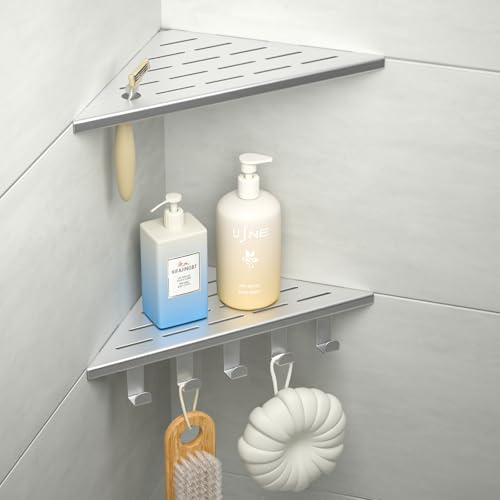 Bernkot Etagere Douche Angle Lot de 2, étagère de Douche en Coin avec Crochets d'angle en Acier Inoxydable 304, Etagere Angle Salle de Bain 254mm, pour Mur carrelé, sans perçage, Brossé